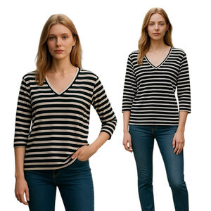 Women's Michael Kors Striped 3/4 Sleeve Stretch Jersey Top, L, Navy White